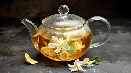 Glass teapot filled with herbal tea, featuring delicate white flowers and lemon slices.  Perfect for wellness, spa, or healthy lifestyle concepts.  Inviting, warm, and visually appealing image.