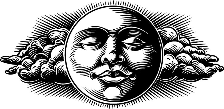 Mystical full moon with face and surrounding clouds design for art print