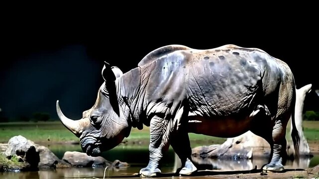 Black rhinoceros (Diceros bicornis) arrive to water hole and take a drink at night in Tsavo National Park, Kenya. High sensitivity camera.
