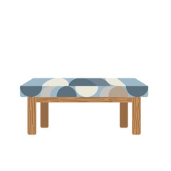 Low wooden study table with geometric blue patterned surface