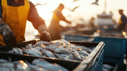 Dedicated fishermen sorting fresh catch at sunrise, capturing the essence of hard work and connection to nature amidst the serene beauty of an awakening sea.
