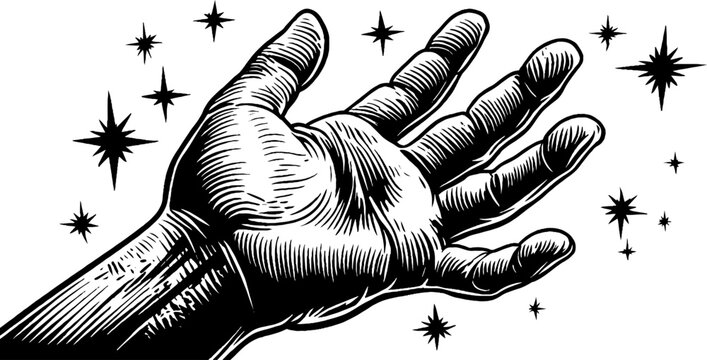 Hand reaching for the stars concept with astral elements and inspirational theme