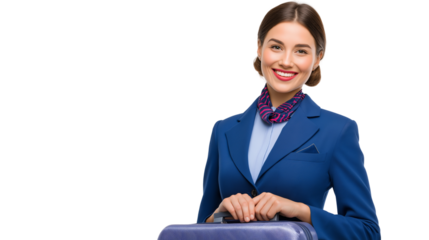 Smiling female flight attendant in uniform holding small suitcase, white background, clean shadow, PNG 