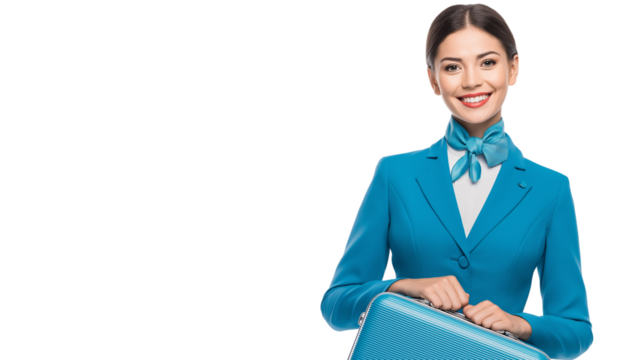 Smiling female flight attendant in uniform holding small suitcase, white background, clean shadow, PNG 