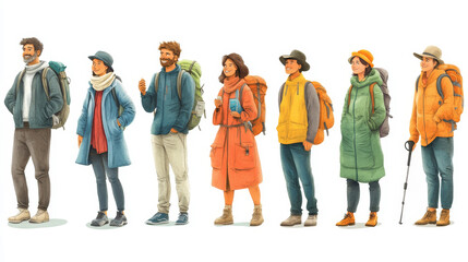 Group of seven diverse hikers dressed in winter gear, carrying backpacks and walking sticks, ready for outdoor adventure.