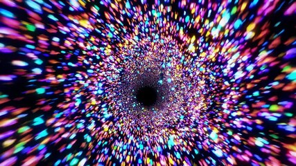 Luminous particles bursting from dark cosmic center, generating swirling vortex with brilliant energy radiating intense multicolored light patterns across vast starry background - Powered by Adobe