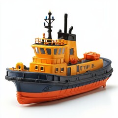 A detailed miniature model of a tugboat in orange, yellow, and black colors displayed on a white background.