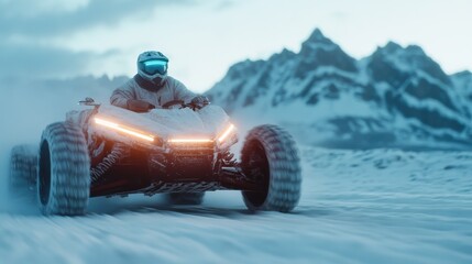 A thrilling image of a person riding an ATV through a snowy mountain landscape, showcasing excitement, adventure, and the beauty of winter exploration in the outdoors.