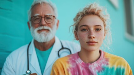 A compassionate healthcare provider stands with a young patient against a vibrant backdrop, symbolizing trust, care, and the bond between medical professionals and children.