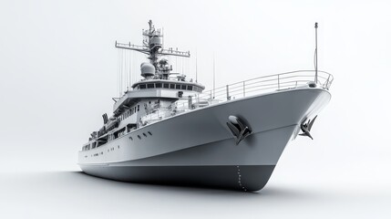 A sleek, large white yacht displayed on a plain white background, showcasing its detailed structure and modern design from a front-angle view.
