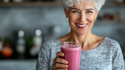 A cheerful older woman smiles while holding a glass of vibrant berry smoothie, showcasing a healthy lifestyle filled with nutrition and joy in a modern kitchen setting.
