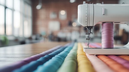 A stylish sewing machine sits amid vibrant spools of thread, perfect for igniting creativity in textile projects, conveying a sense of artistry and dedication to craft.