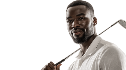 Professional black African golfer posing confidently with golf club over shoulder, isolated on white background, cinematic lighting, PNG