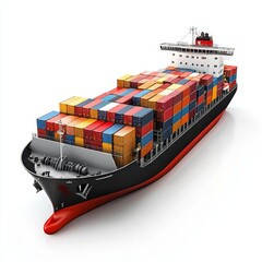 A large container ship loaded with colorful cargo containers, isolated on a white background, illustrating maritime freight transport.
