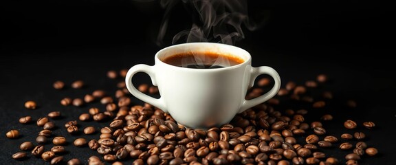 Fototapeta premium Steaming cup of coffee with scattered beans on black, morning, smoke