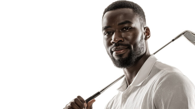Professional black African golfer posing confidently with golf club over shoulder, isolated on white background, cinematic lighting, PNG