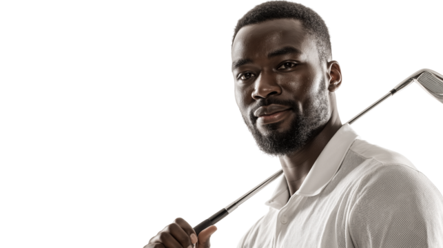 Professional black African golfer posing confidently with golf club over shoulder, isolated on white background, cinematic lighting, PNG - Powered by Adobe