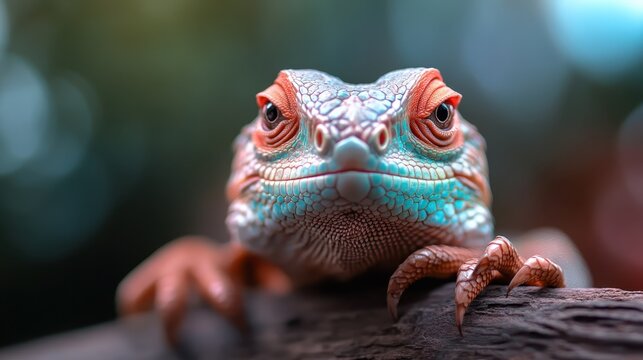 This vivid close-up of a colorful lizard showcases its intricate scales, bright colors, and unique patterns, highlighting the beauty of wildlife and nature's artistry.