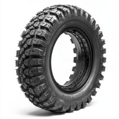 A close-up image of a rugged off-road tire with deep treads designed for enhanced traction on rough terrain, shown against a white background.