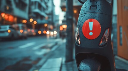Bright red warning sign on a scooter illuminated by city lights during a rainy evening in an urban area
