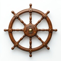 A classic wooden ship wheel with eight spokes and brass fittings, used for steering boats and ships.