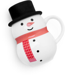 A whimsical snowman-shaped mug with a black hat, red scarf, and cheerful face, perfect for holiday drinks.