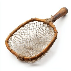 A vintage wooden fishing net with a hand-crafted handle and woven mesh, designed for catching fish in traditional fishing methods.