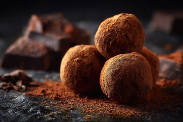 Four dark chocolate truffles dusted with cocoa powder, resting on a dark surface with chocolate pieces in the background