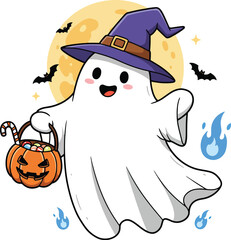 Playful Ghost Trick or Treat Cartoon - Halloween Fun vector Illustration