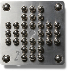 A metallic puzzle board featuring a grid of balls, designed for a brain-teasing game that challenges players to remove balls strategically.