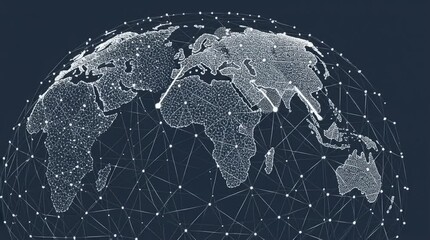 A blue background with an abstract white line drawing of the Earth, connecting multiple countries and cities in different parts of the world Generative AI - Powered by Adobe