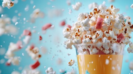 An eye-catching explosion of popcorn with candies spilling out over a refreshing drink, showcasing a fun and playful snack experience against a vibrant background.