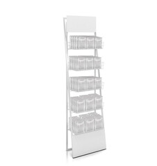 A vertical display rack with multiple transparent compartments for organizing and showcasing items.