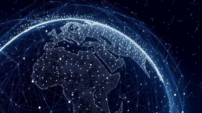 A dark blue background with white dots and lines forming the shape of a planet Earth, a map is drawn on it, and some flight paths from various countries pass through these points Generative AI