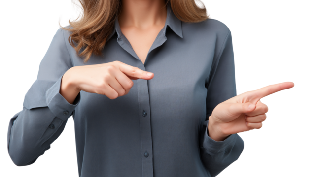 Businesswoman pointing at invisible chart, mid-gesture, no hands visible, cropped to torso, PNG