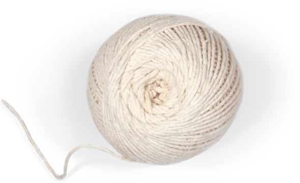 A ball of cream-colored yarn, neatly wound, with a loose end extending from its side. Ideal for knitting or crafting projects.