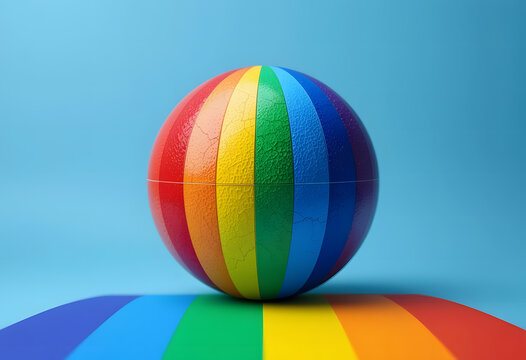 Rainbow globe celebrating the International Day Against Homophobia, Biphobia and Transphobia. Horizontal banner. Space for text. Globe with the colors of the LGBTQIA+ flag on a blue backgroud
