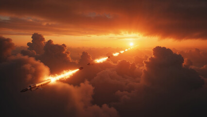 A dynamic aerial depiction featuring ballistic missiles streaking across a vibrant sunset sky, leaving illuminated trails amidst dramatic clouds. Concept: war in Ukraine, missile attack, Russian nucle