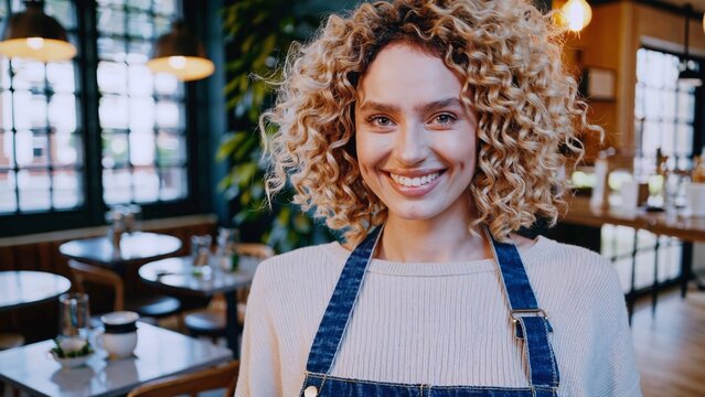 Smiling blonde waitress wearing denim apron standing in cafe interior, holding smartphone while working and radiating cheerful hospitality