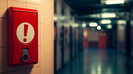 Red emergency alarm system mounted on wall in dimly lit hallway of a building during late hours
