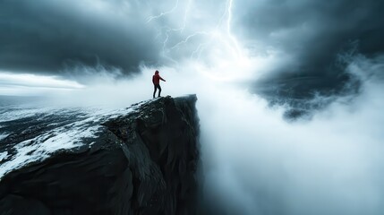 Obraz premium A dramatic scene featuring a lone man standing on a cliff as lightning strikes the moody sky, portraying the power and majesty of nature in a breathtaking moment.
