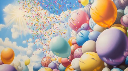 Colorful balloons fill a joyful sky, scattered with confetti.