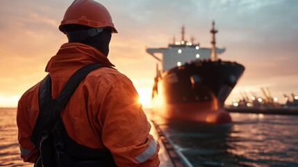 A determined worker stands near a massive ship during a stunning sunset, representing hard work and dedication in the shipping industry against a vibrant tropical backdrop.