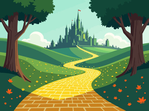 Enchanted yellow brick road leading to magical emerald city in springtime , Fantasy 