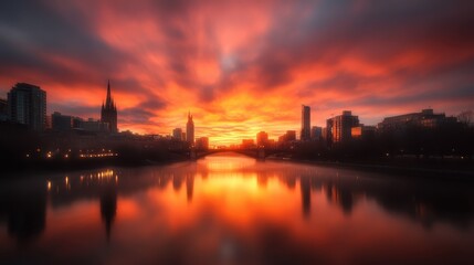 Obraz premium A stunning city skyline illuminated by a vibrant sunset, creating a mesmerizing reflection in the river, showcasing urban beauty and the charm of twilight in cities.
