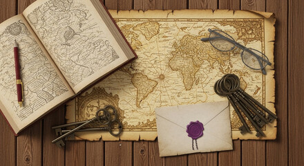 Still life composition featuring an open book world map keys glasses and a sealed letter on wood