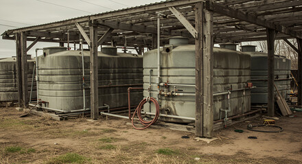 Naklejka premium Water Storage Tanks Under Wooden Shelter