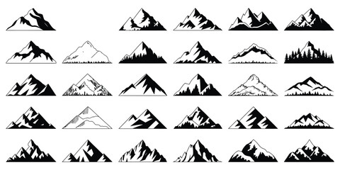 Naklejka premium Set of vector mountain silhouette and vintage hill peak outline perfect for forest logo or nature landscape design mountain silhouette pattern for hiking camping business summer mountain travel line a