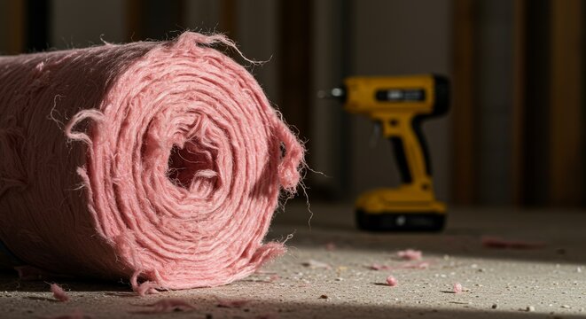 Insulation roll and cordless drill in construction environment  