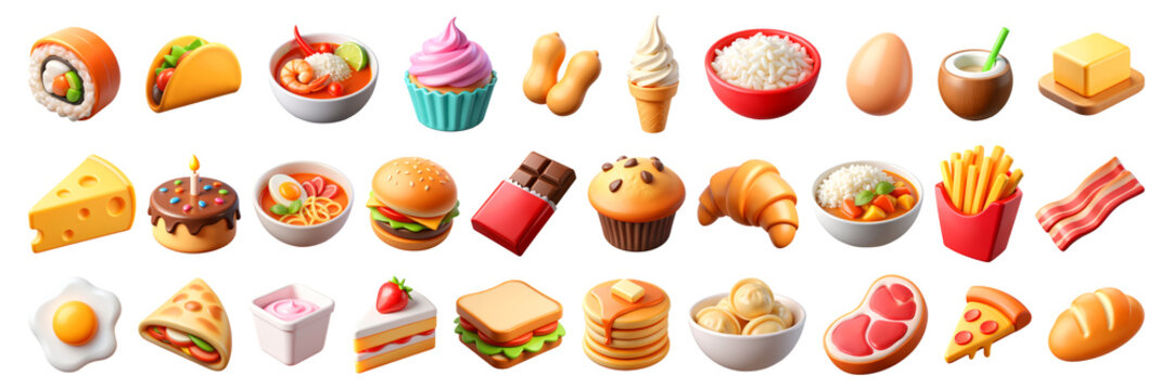 Large Big Set of 3D Food Icons &ndash; Glossy Minimal Emoji Style, Isolated PNG objects